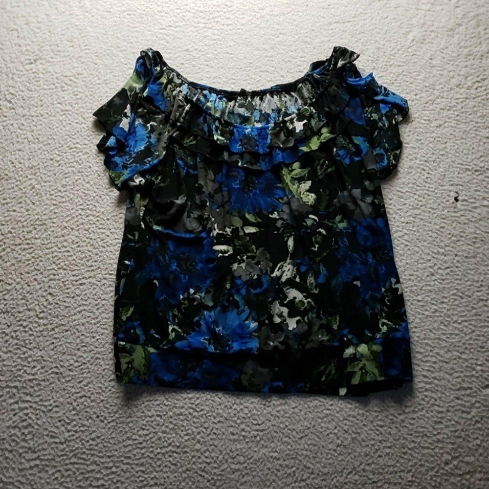 Susan Lawrence Blouse Womens Plus 3X Blue Off Shoulder Short Flutter Floral Top